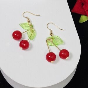 Cherry Drop Earrings 🍒 Red Resin Fruit Vintage Cute Gold Dangle Whimsical Y2K